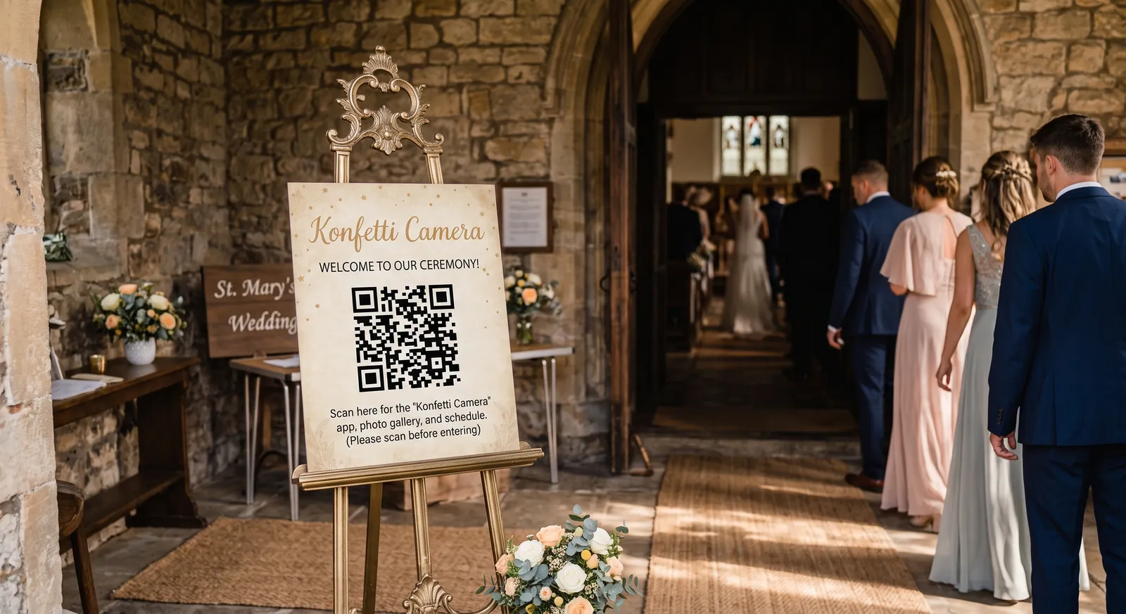 教会での結婚式の入口で、イーゼルに置かれたKonfetti CameraのQRコードサイン