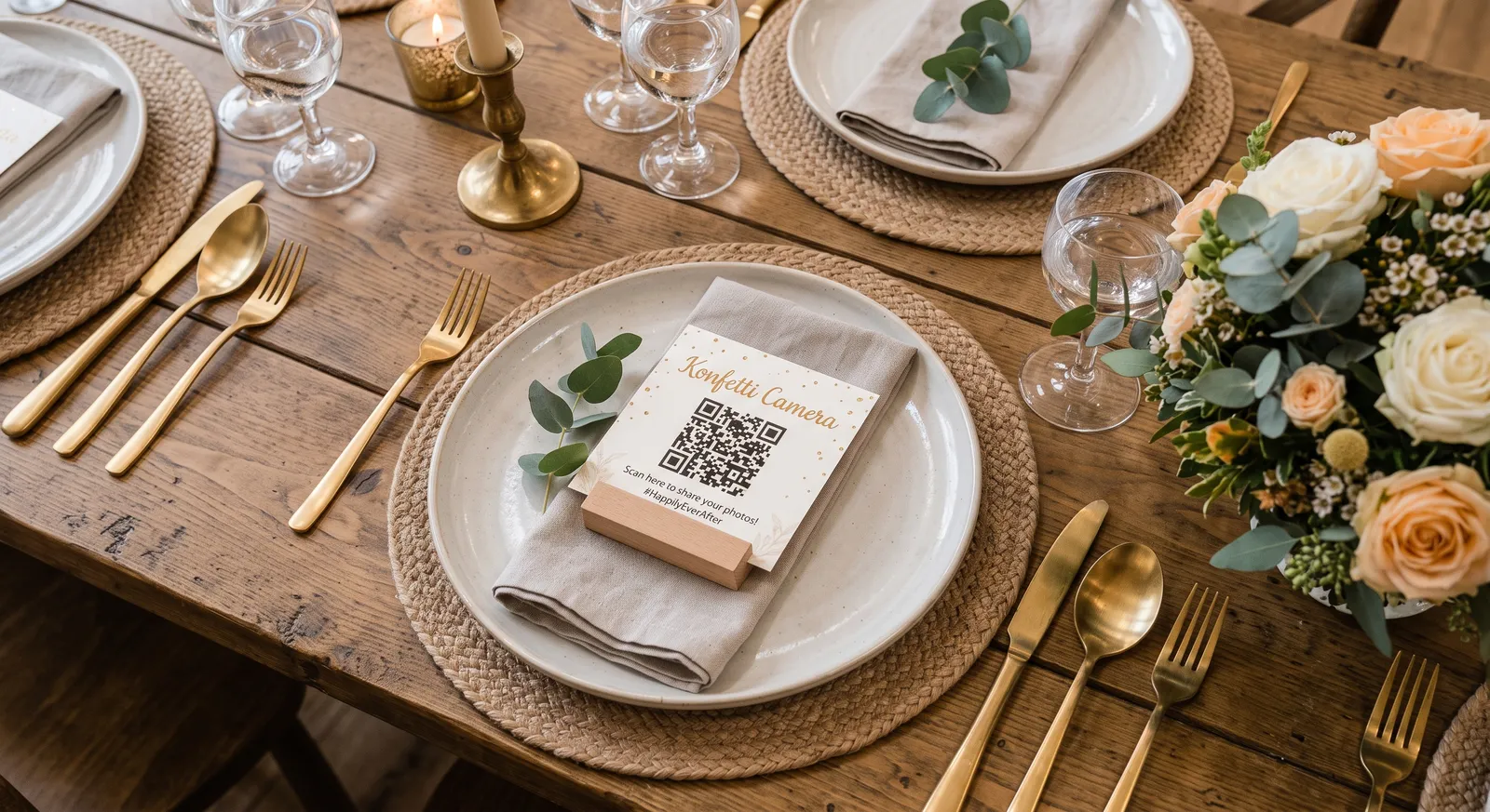 結婚式のテーブルで、お皿の上に置かれたKonfetti CameraのQRコードカード